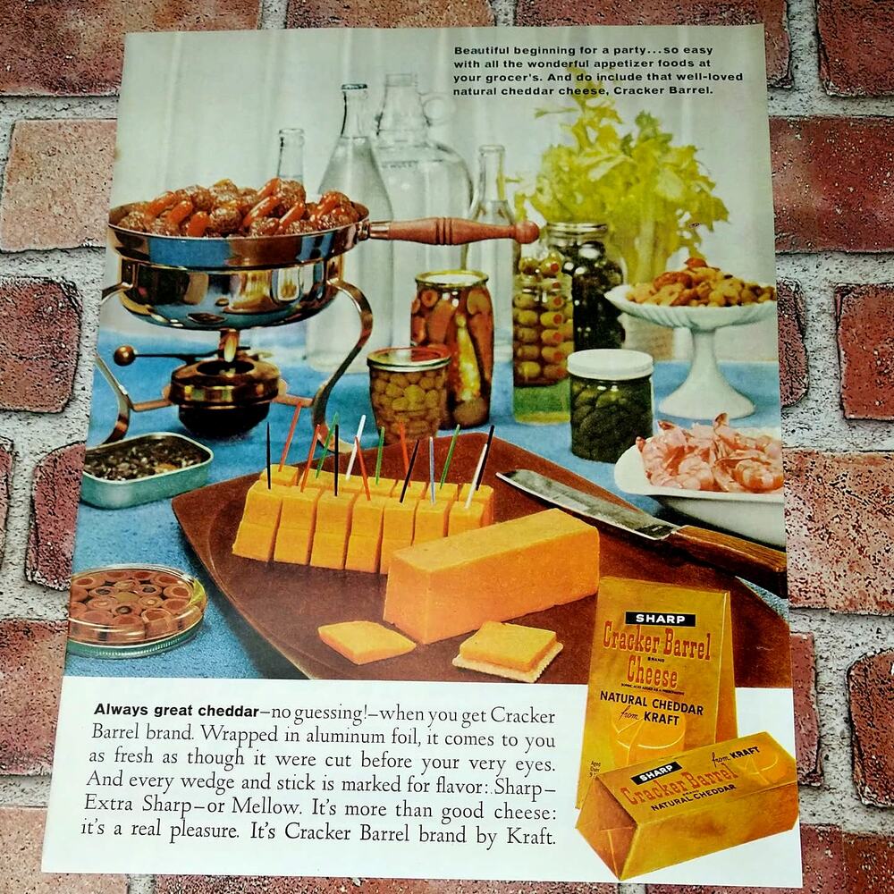 1961 Cracker Barrel Kraft Sharp Cheddar Cheese Party Buffet Vtg PRINT AD Ephemer